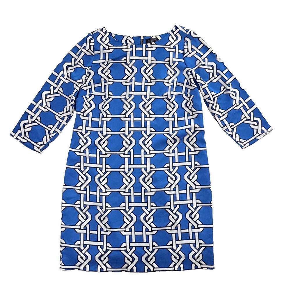 The Limited Blue White Geometric Shift Dress S Petite Preppy Office Work